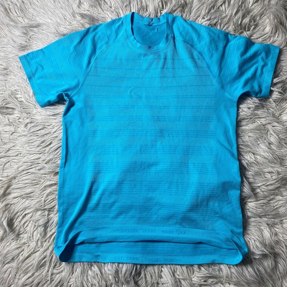 Lululemon Shirt Mens AQUA BLUE Athletic Training Workout Eat Drink Sweat Repeat - Picture 1 of 6